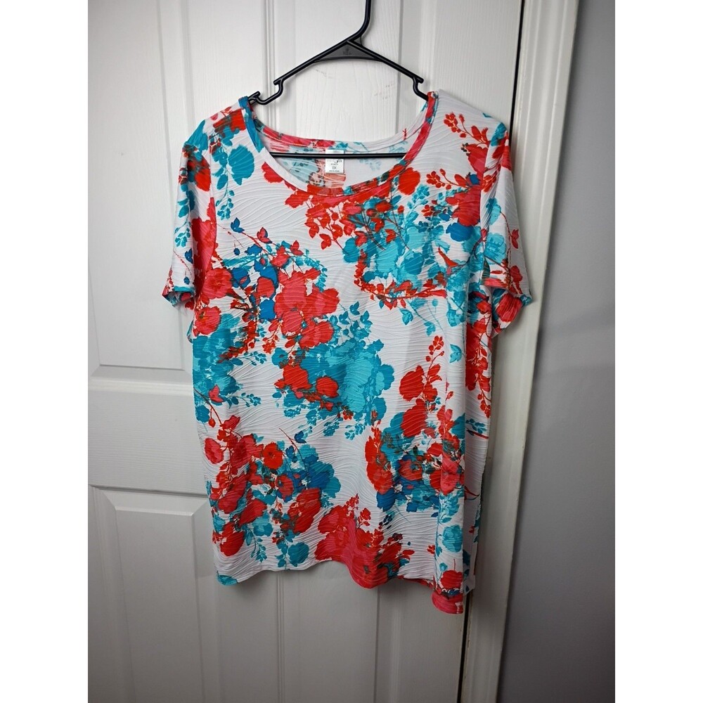 East 5th 0X Short Sleeve Round Neck Colorful Floral Shirt Stretch Casual Vacay